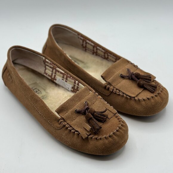 UGG Women's Lizzy Brown Slipper Driving Moccasin Tassel Suede Sheepskin Size 8 - Picture 1 of 8